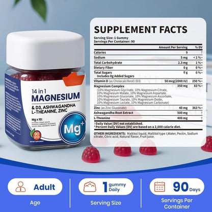 Arrivalla Magnesium Complex DeepCalm 14-in-1 Gummies – with Ashwagandha, L-Theanine, D3 & Zinc – Cortisol Supplements for Women – 90 Sugar-Free Vegan Magnesium Glycinate Complex Gummies