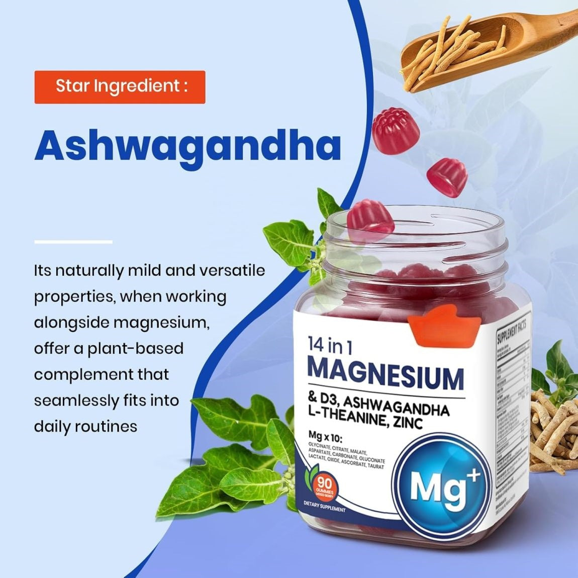 Arrivalla Magnesium Complex DeepCalm 14-in-1 Gummies – with Ashwagandha, L-Theanine, D3 & Zinc – Cortisol Supplements for Women – 90 Sugar-Free Vegan Magnesium Glycinate Complex Gummies